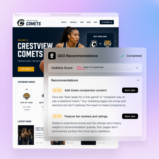 Sports website with GEO recommendations for ticket comparison content and fan reviews