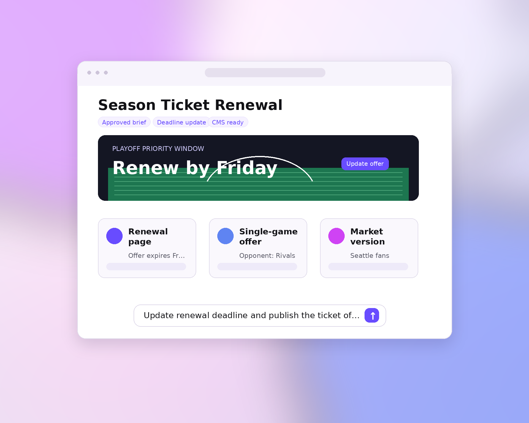 Campaign production dashboard for sports ticketing campaigns