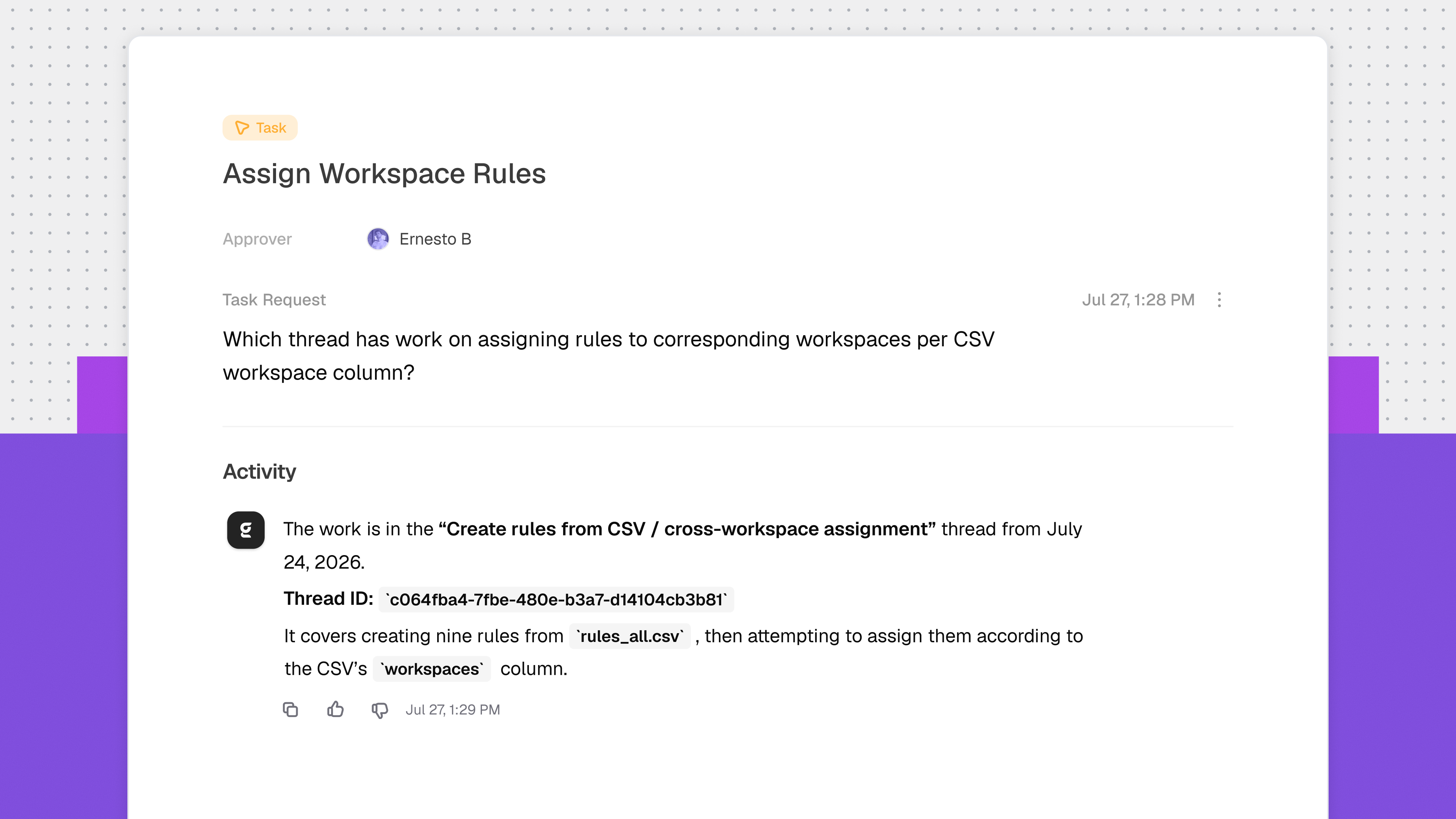 Gradial thread showing a workspace question answered with relevant prior work and source-thread details.