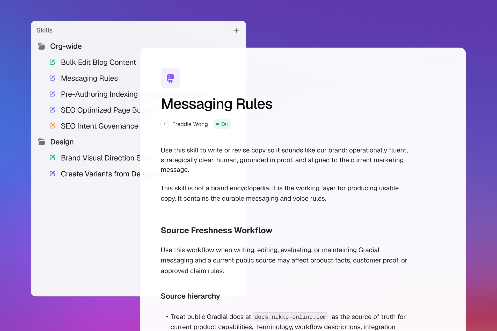 Gradial Messaging Rules Skill with reusable brand guidance and review standards
