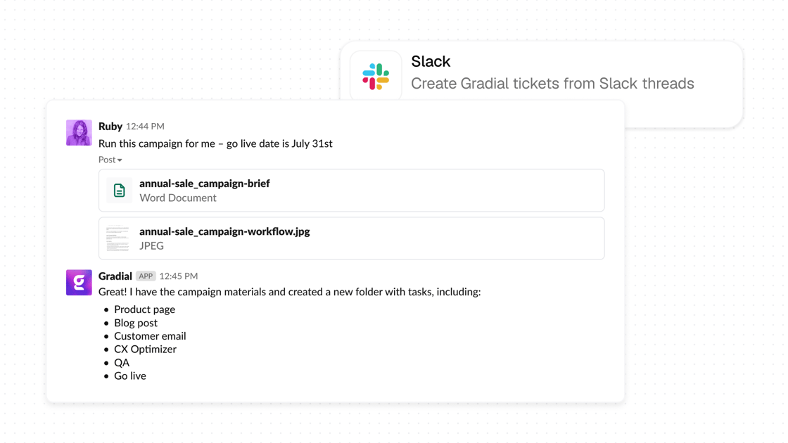Gradial Slack integration turning a channel request into a tracked marketing task