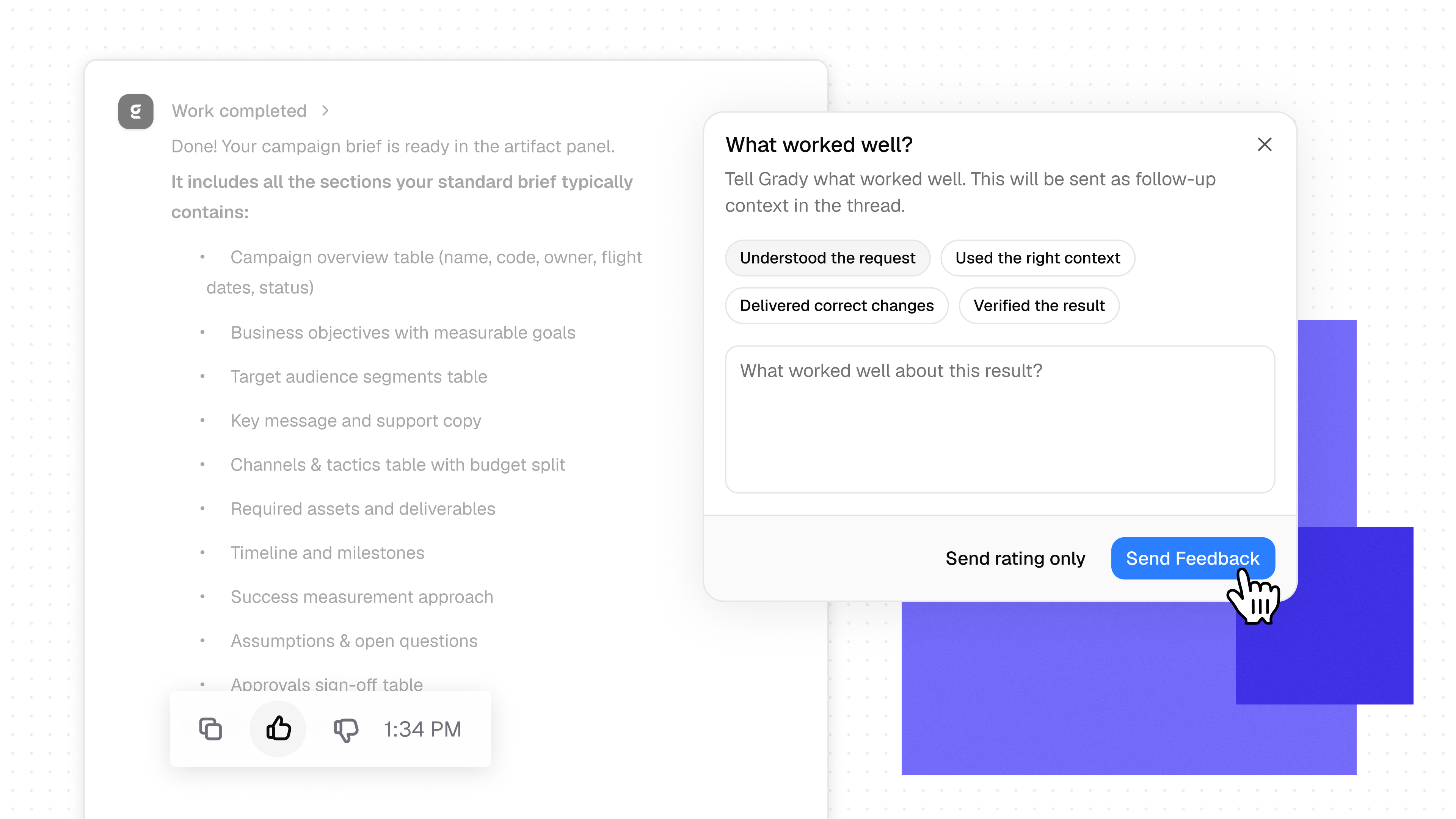 Gradial thread outcome feedback interface with positive and negative rating controls and a detailed feedback form.