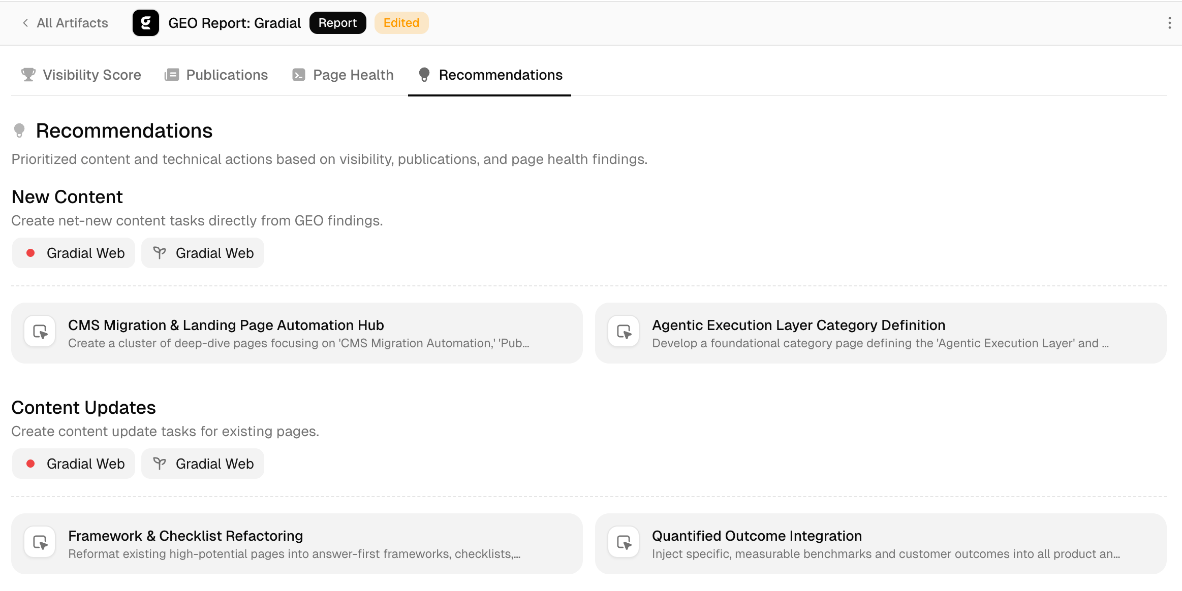 GEO report recommendations screen