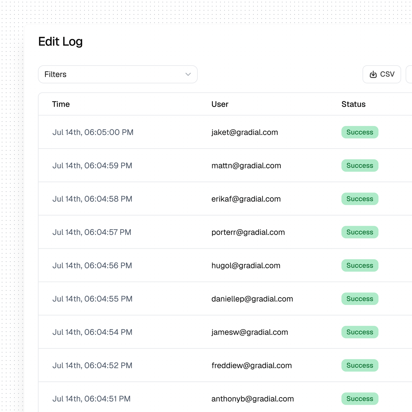 An edit log records change times, users, and successful actions.