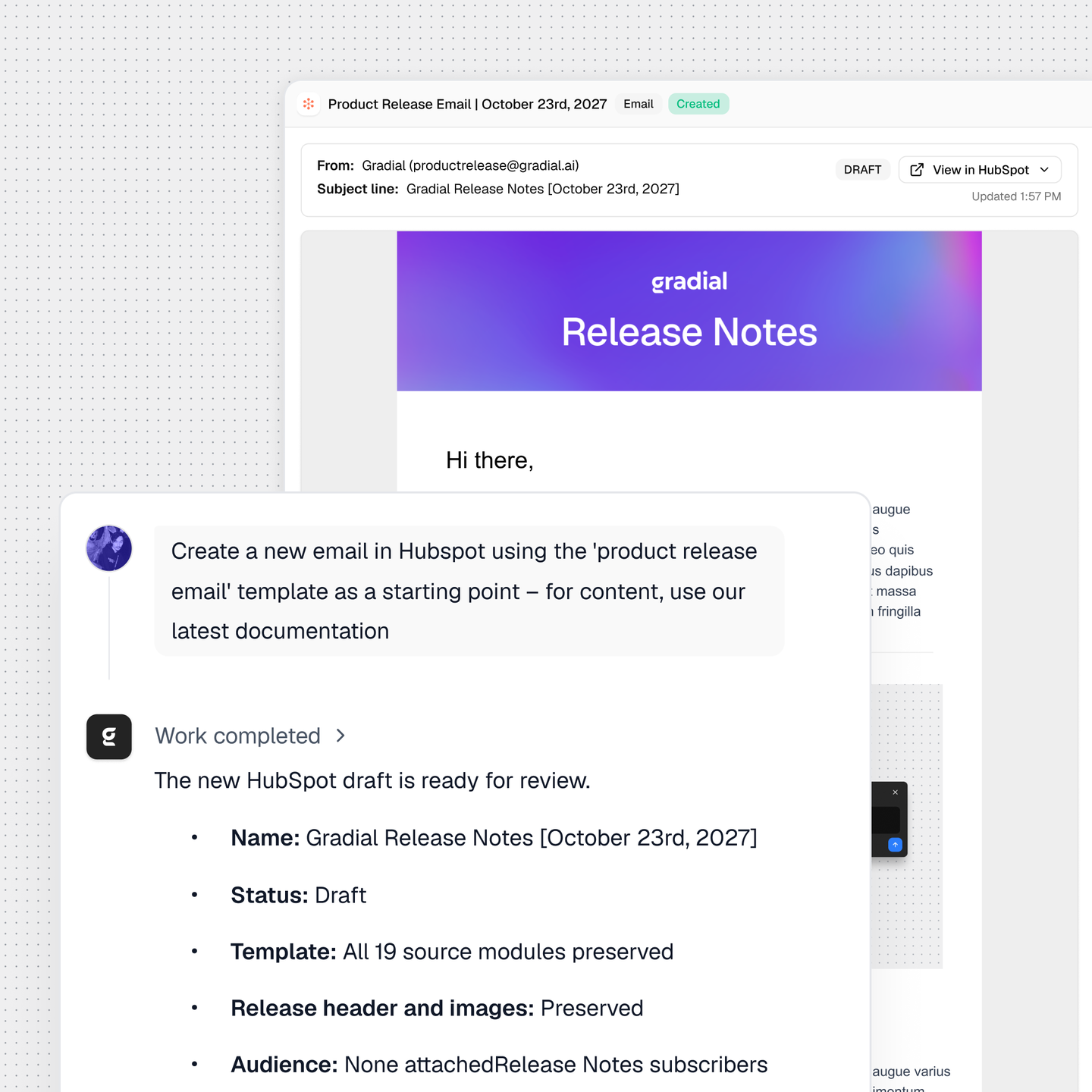 Marketing email draft and a request to create a product-release email