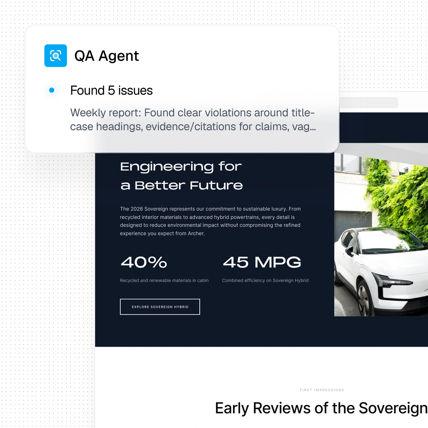A QA Agent identifies issues in a website page for review.