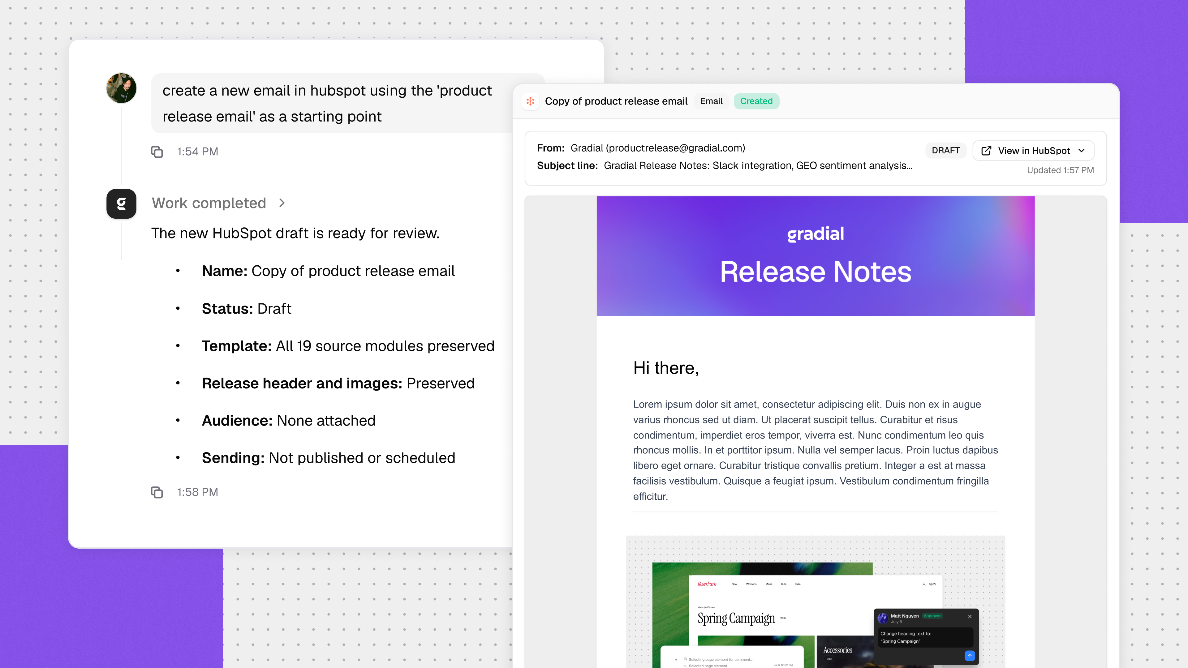 Gradial thread showing a completed email draft beside the rendered preview in a connected email service provider.