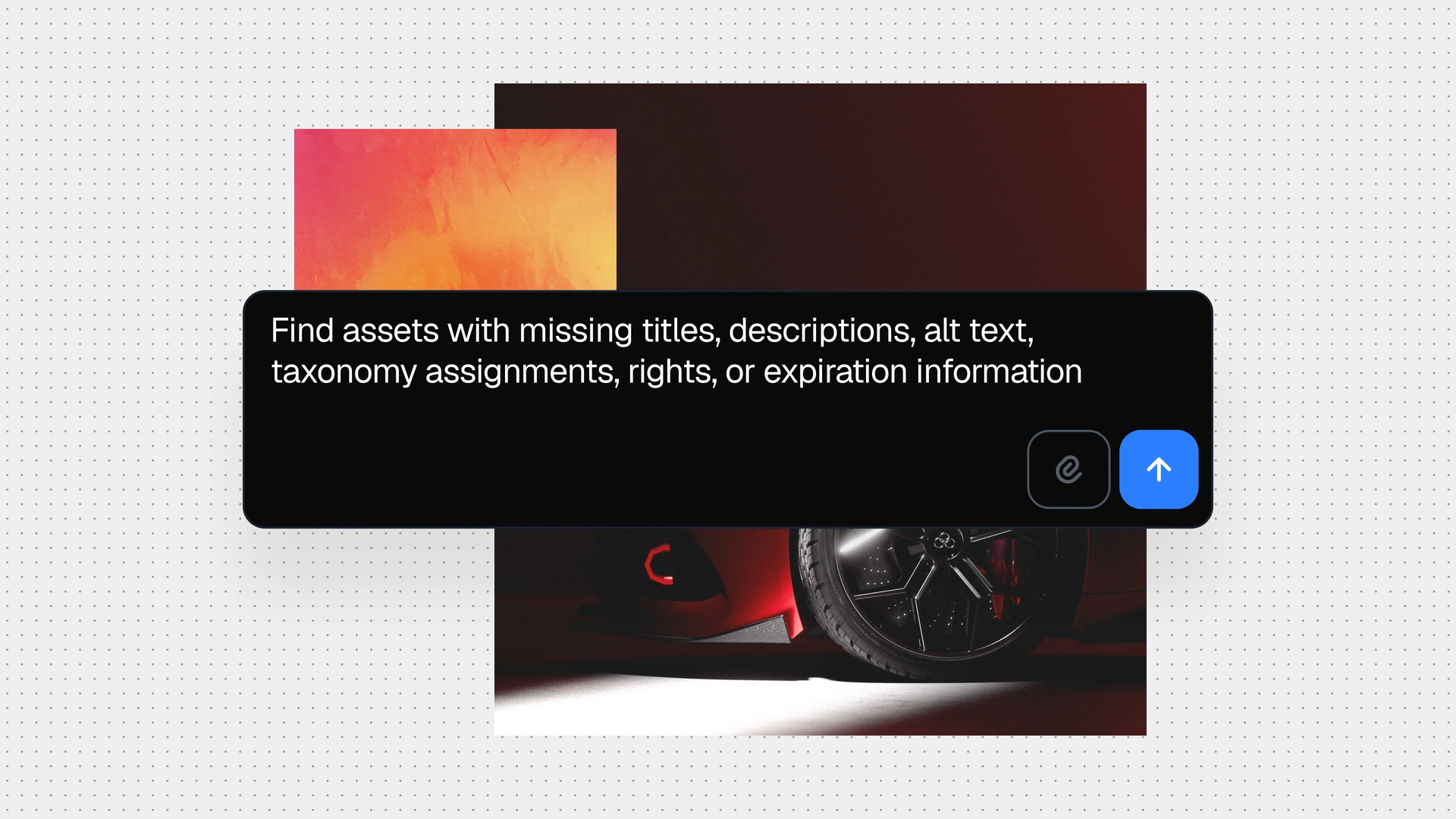 Promotional graphic showing a dark asset-management search interface over abstract orange artwork, a red sports car detail, and a dotted background.
