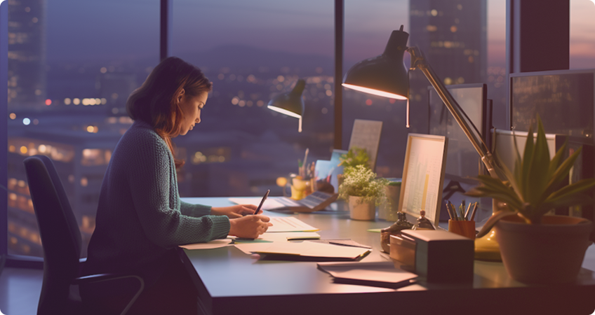 Woman working at desk in evening light