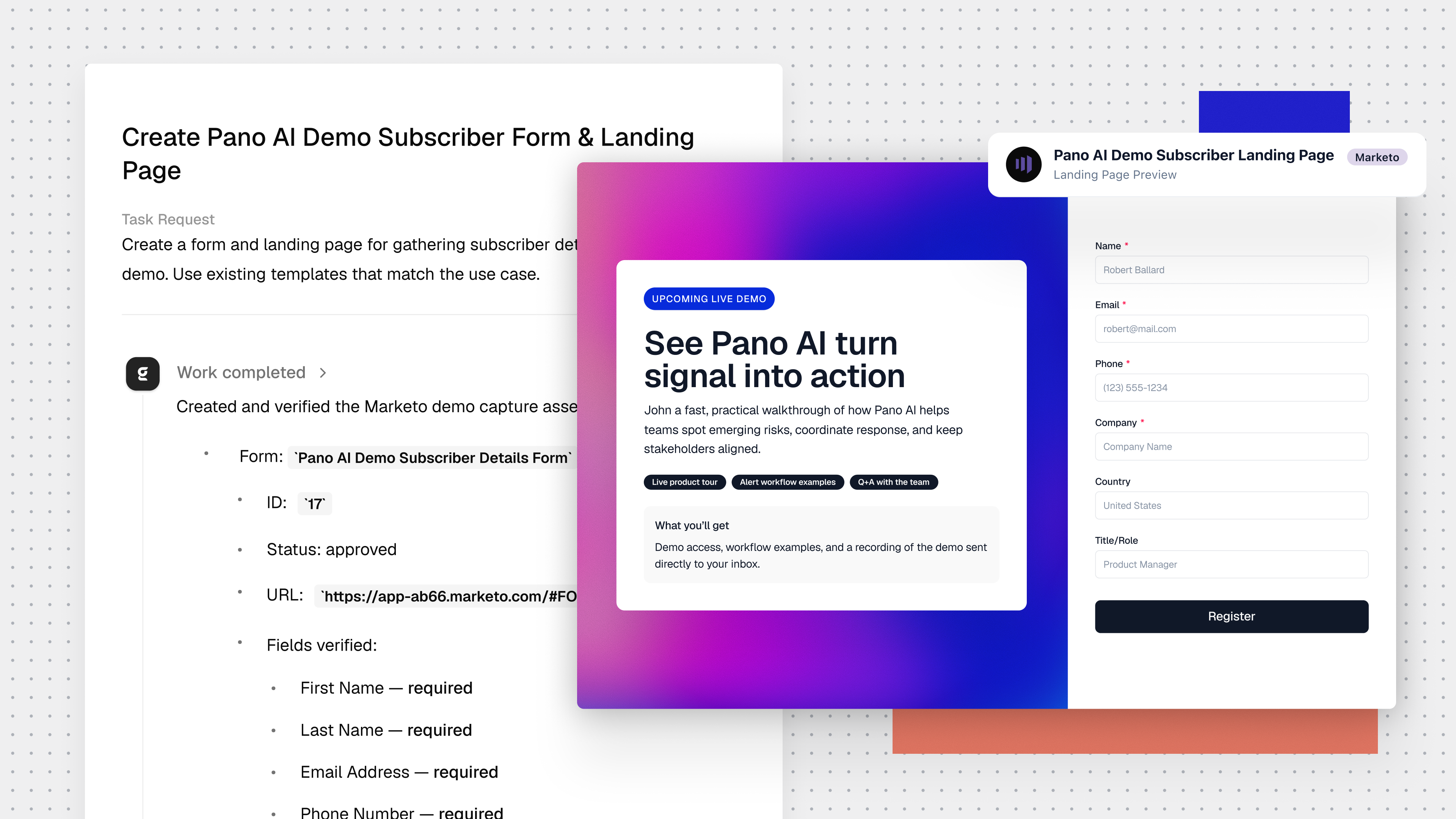 Gradial creates and verifies a Marketo landing page and subscriber form from an existing template.
