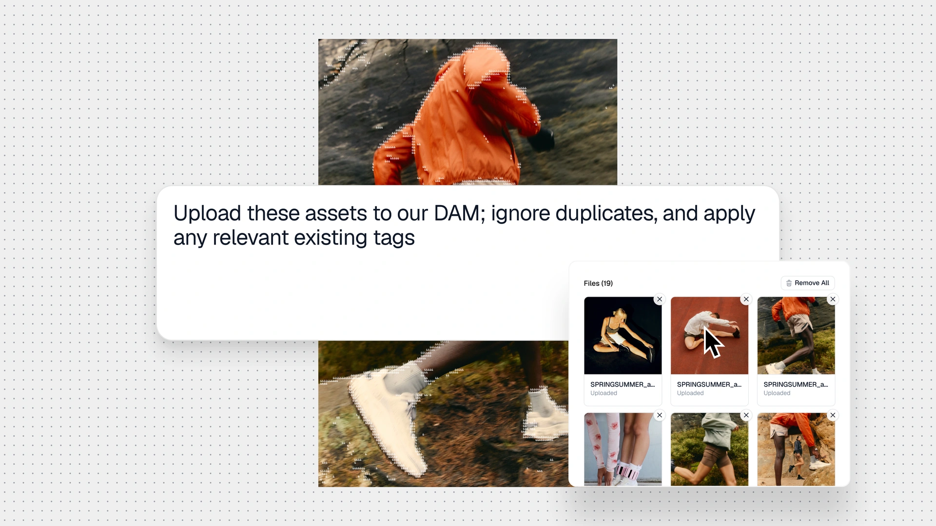 Website mockup showing an asset-management upload interface over running and fitness imagery, including an orange-clad runner and a grid of uploaded image thumbnails.