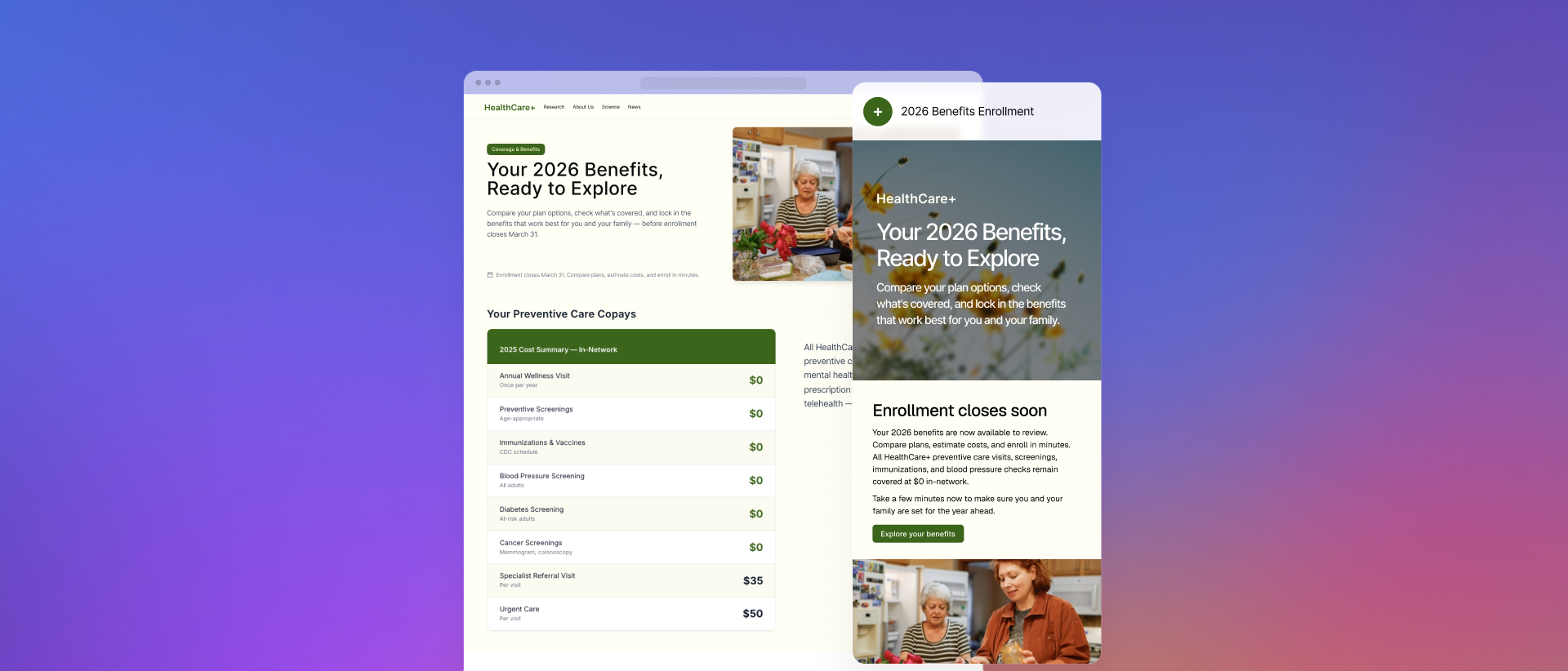 Medicare Advantage benefits enrollment pages across desktop and mobile