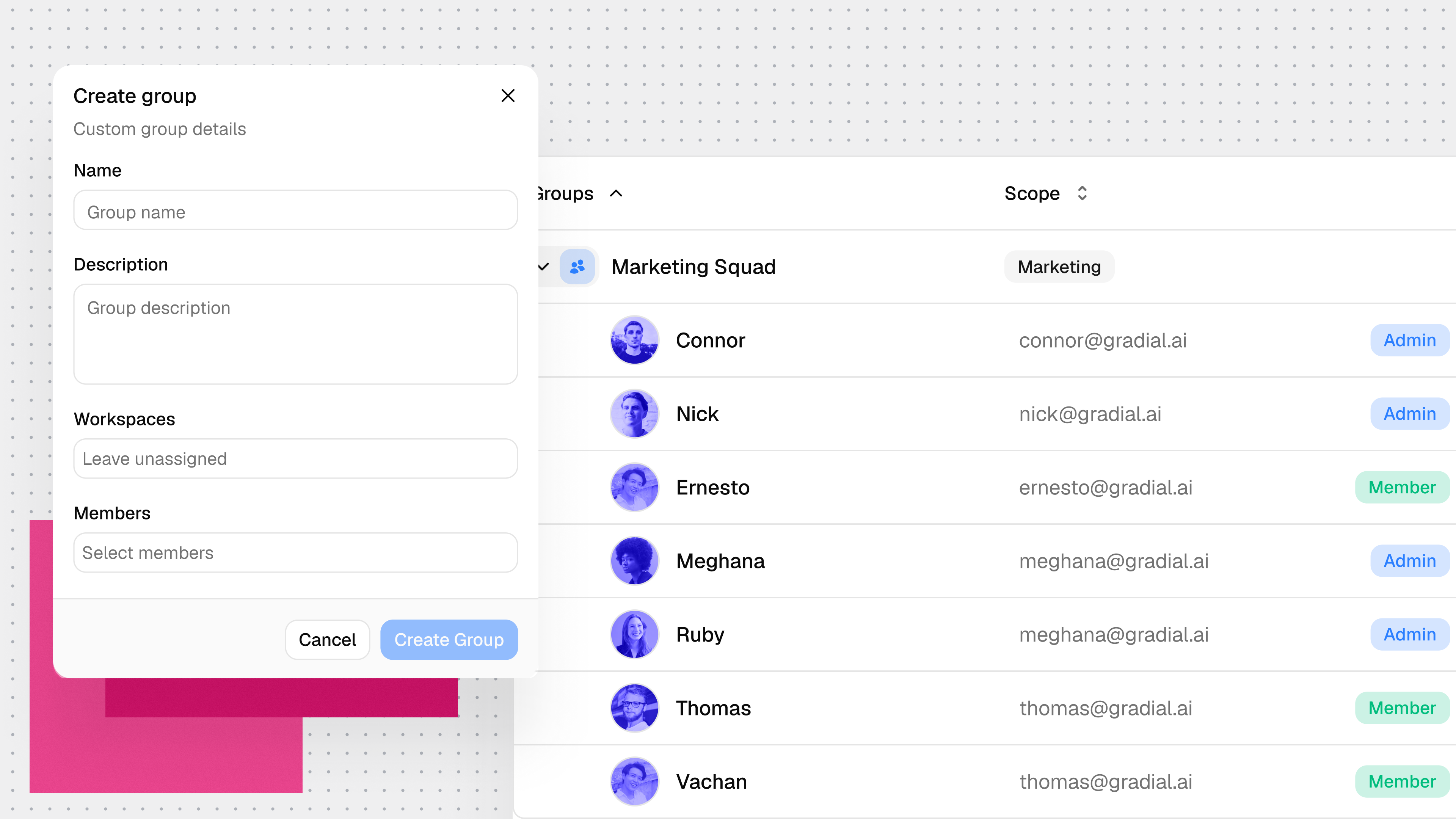 Gradial interface showing creation of a reusable user group and assignment of members and workspace access.