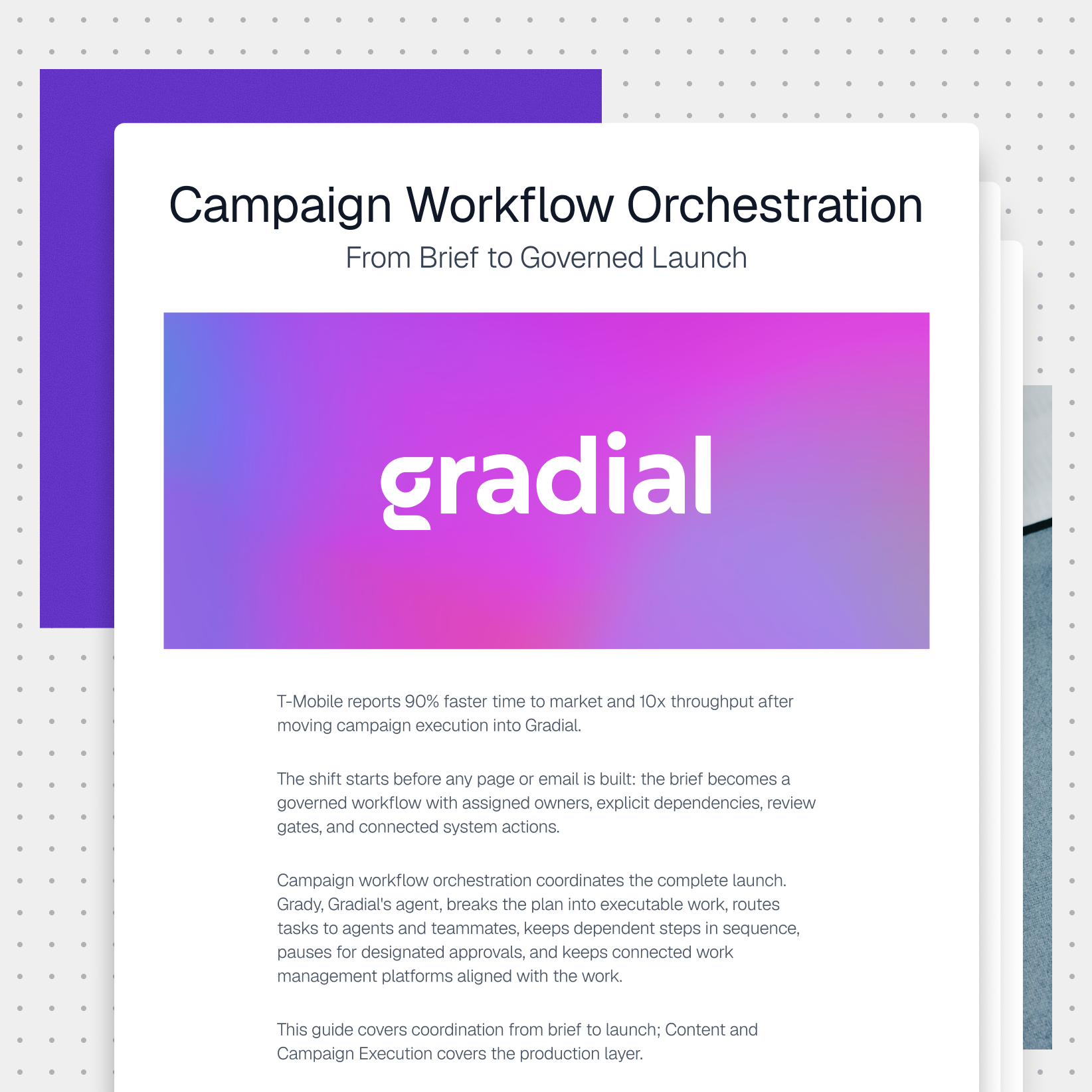 Campaign Workflow Orchestration guide thumbnail with the guide title, a Gradial gradient graphic, and a guide excerpt on a dotted background.
