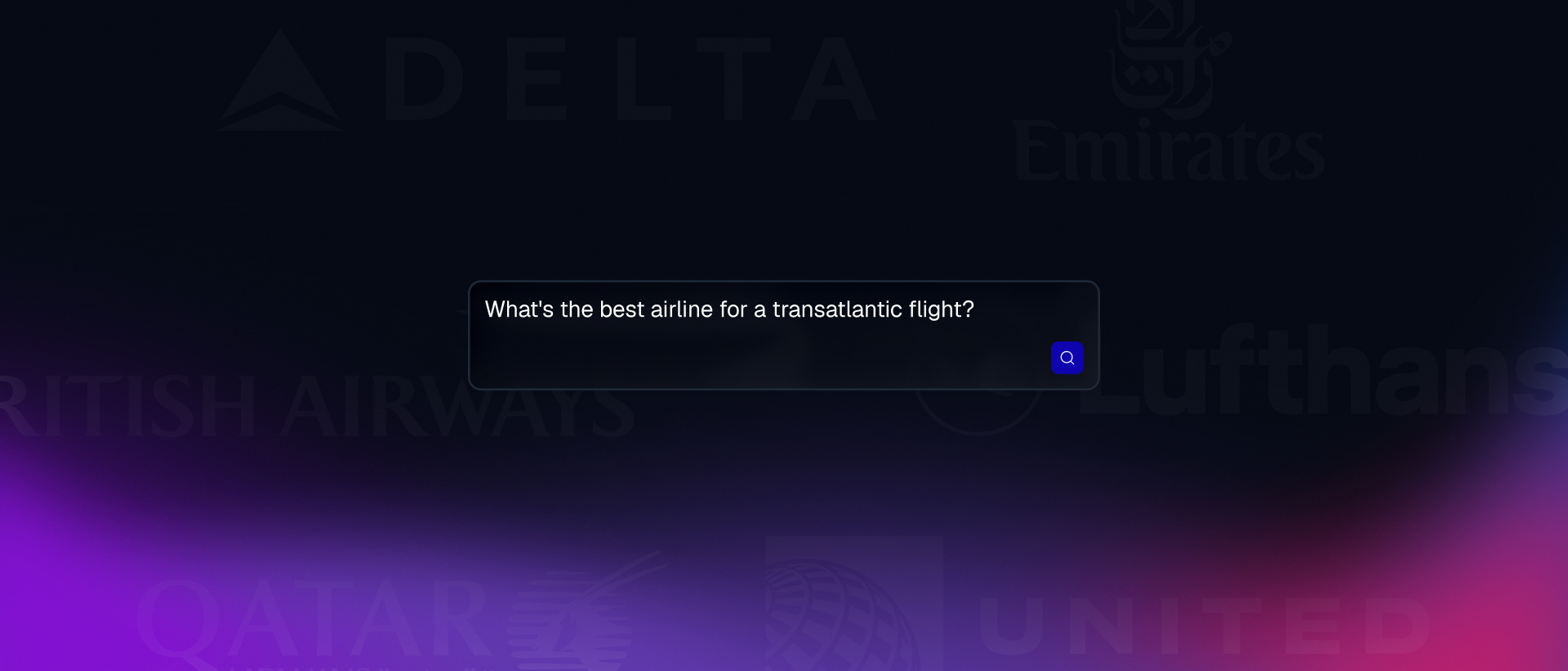 Search prompt asking for the best transatlantic airline over a background of airline logos