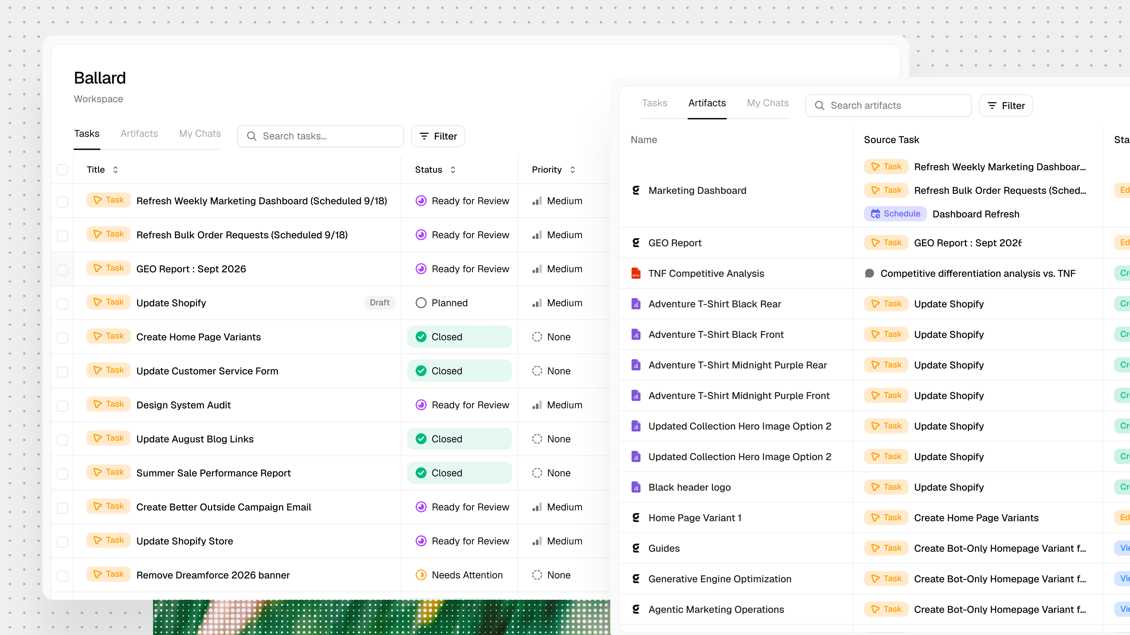 Gradial task workspace showing task status, project views, and an artifact library with source-task context.