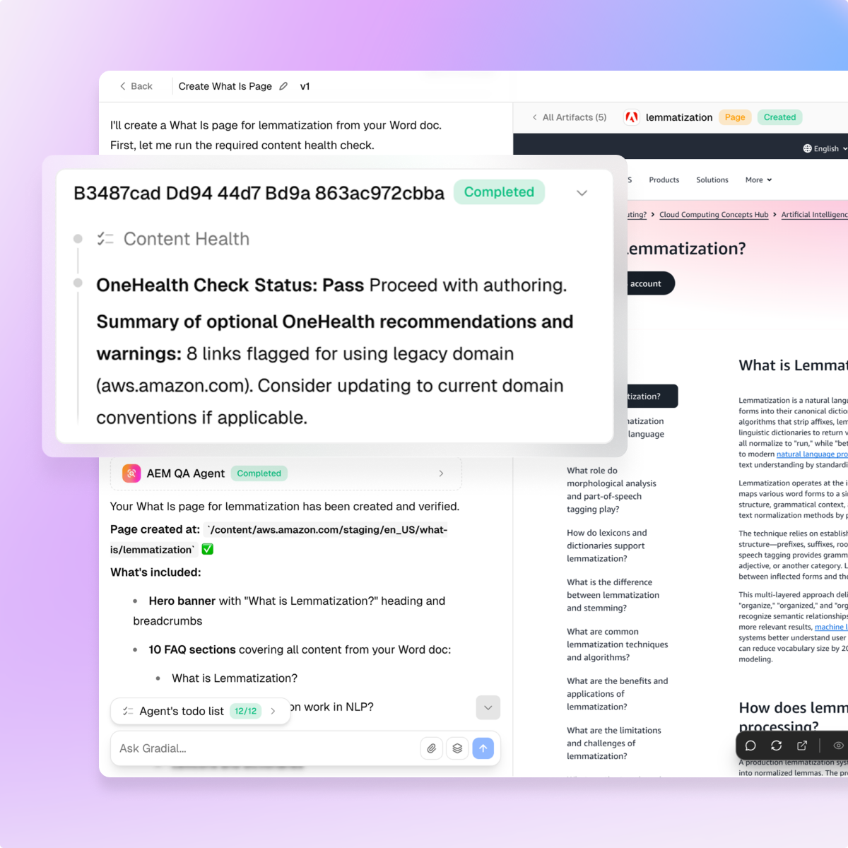 Gradial agent workflow showing content health validation and page creation for an AWS page