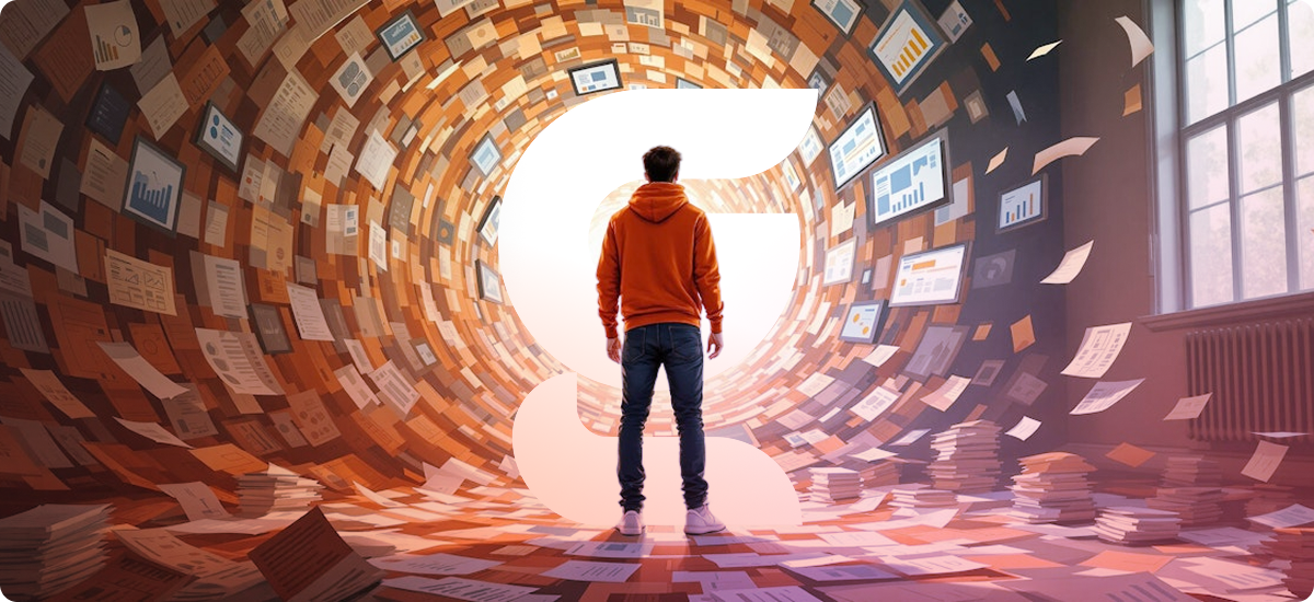 Person in orange hoodie among documents