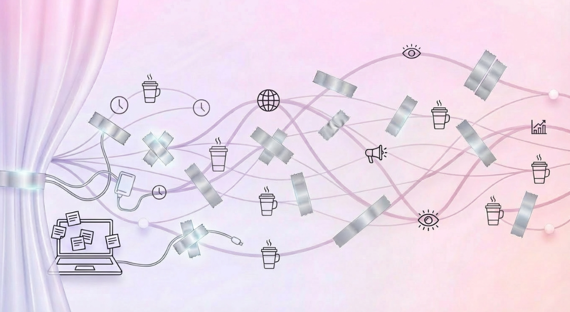 Illustration of duct tape holding together a network of lines, representing high-pressure marketing execution