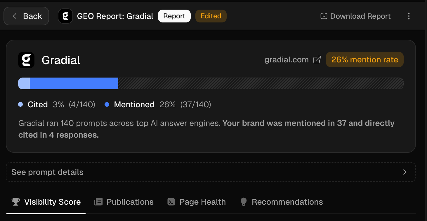 GEO Report for Gradial showing a 26% mention rate across AI answer engines